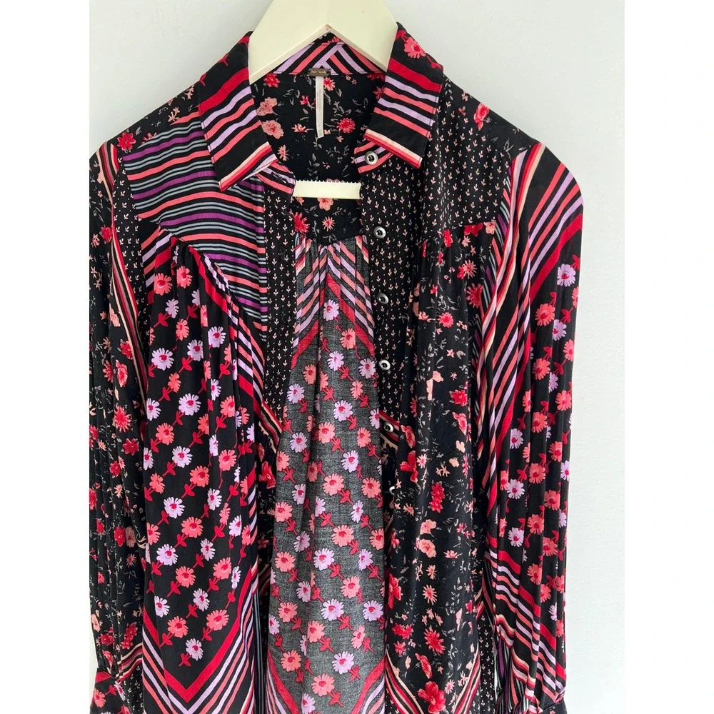 Free People Hazel Buttondown Black Combo Floral Stripe‎ Blouse XS Boho Top